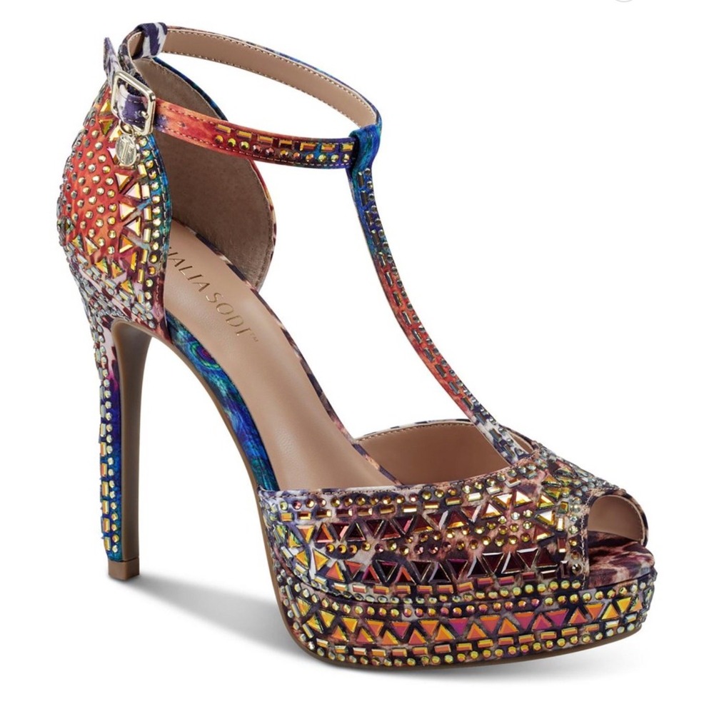 Thalia Sodi Chace Embellished T-Strap Heels Exotic Leopard Multicolor Sz 5